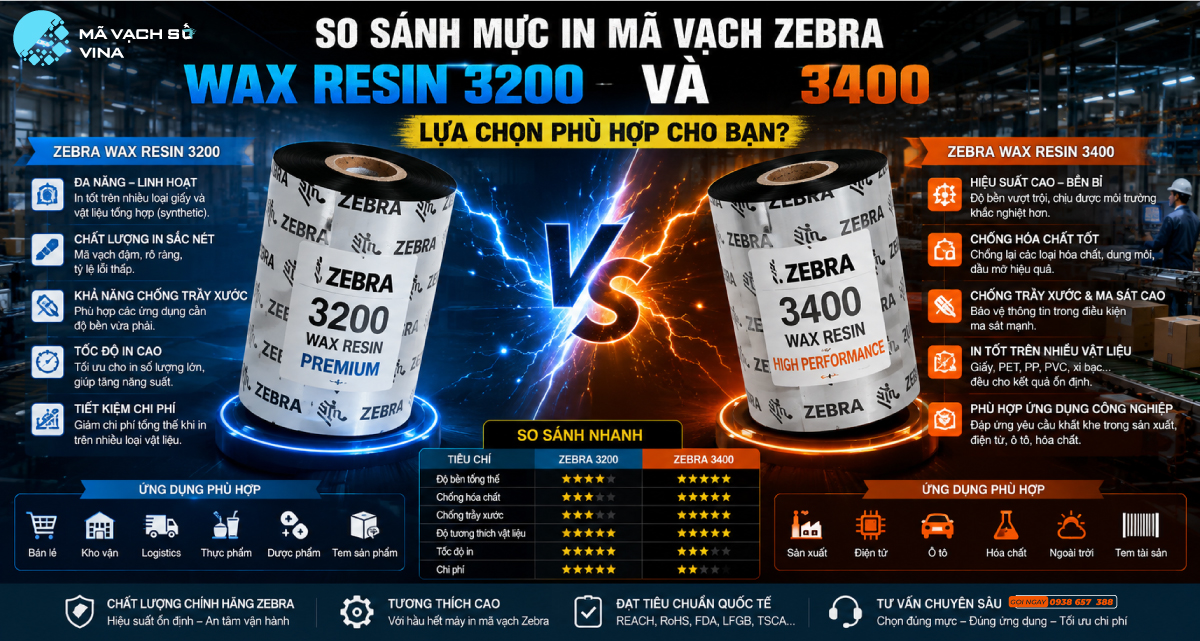 SO SÁNH MỰC IN MÃ VẠCH WAX RESIN ZEBRA 3200 VÀ ZEBRA 3400