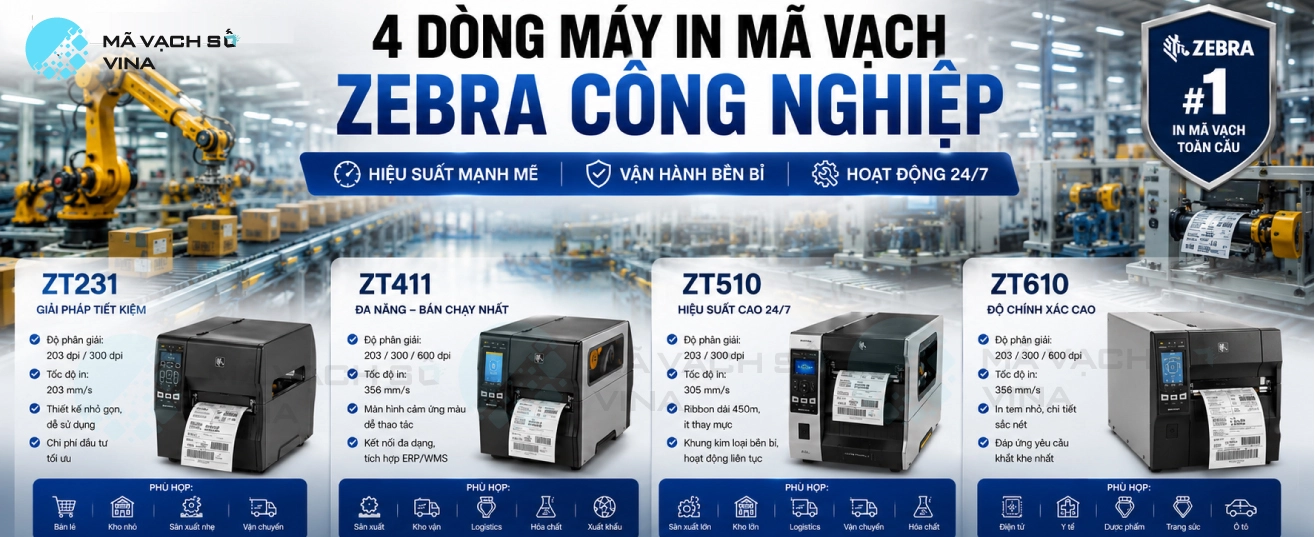 Máy in tem nhãn mã vạch công nghiệp Zebra